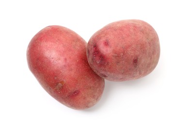 Photo of Fresh red potatoes isolated on white, top view