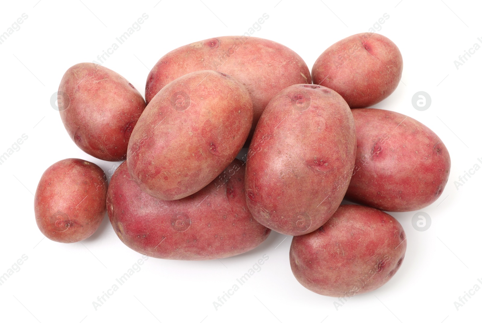 Photo of Fresh red potatoes isolated on white, top view