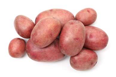Photo of Fresh red potatoes isolated on white, top view