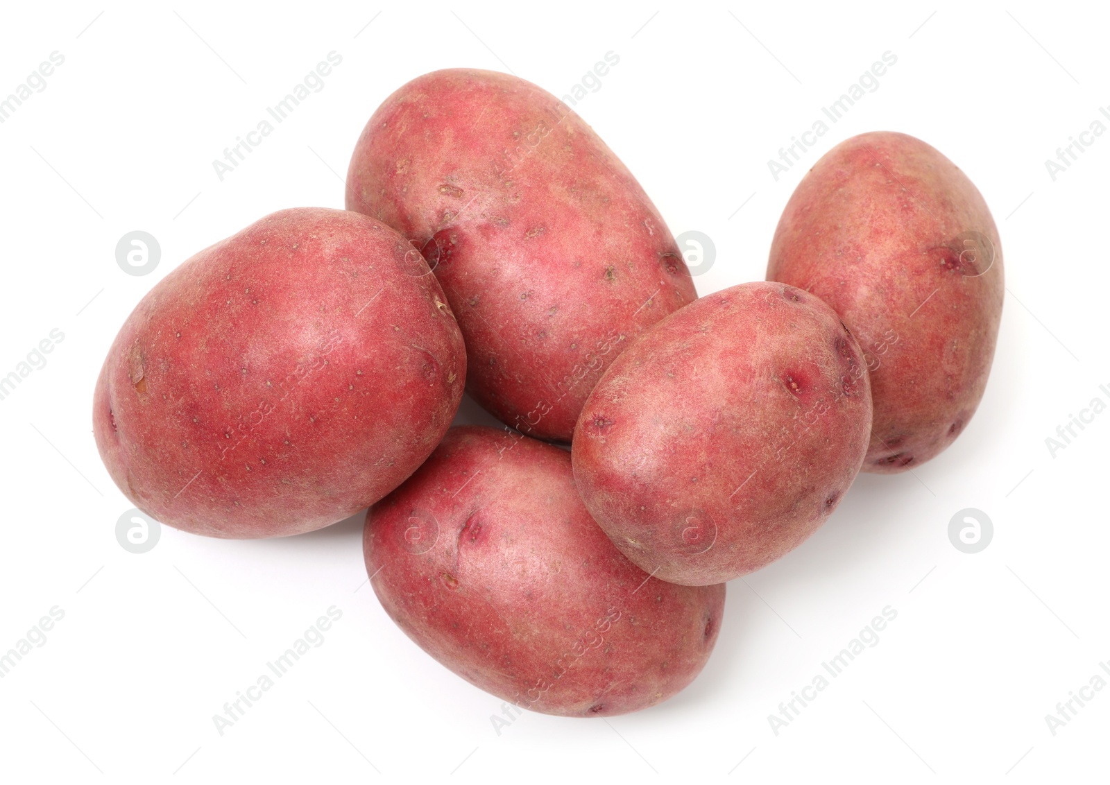 Photo of Fresh red potatoes isolated on white, top view