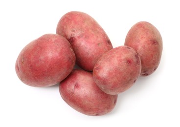 Photo of Fresh red potatoes isolated on white, top view