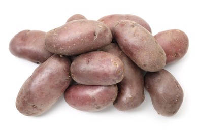 Photo of Fresh red potatoes isolated on white, top view