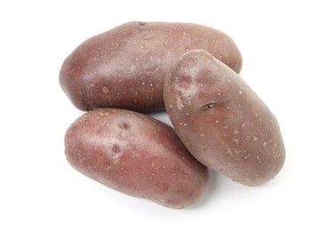 Photo of Fresh red potatoes isolated on white, top view