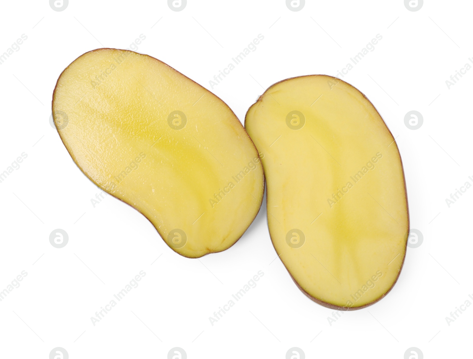Photo of Cut fresh ripe potato isolated on white, top view