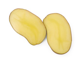 Photo of Cut fresh ripe potato isolated on white, top view