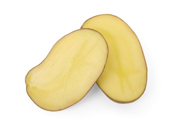 Photo of Cut fresh ripe potato isolated on white, top view