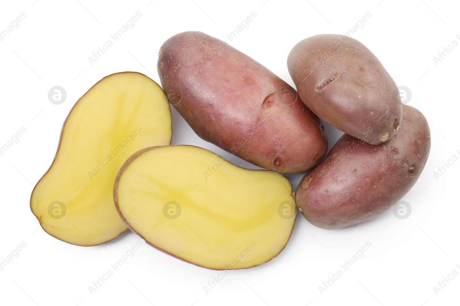 Photo of Whole and cut fresh red potatoes isolated on white, top view