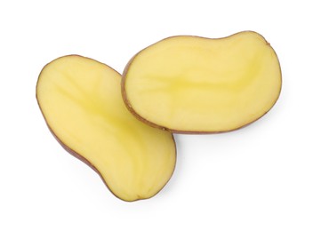 Photo of Cut fresh ripe potato isolated on white, top view