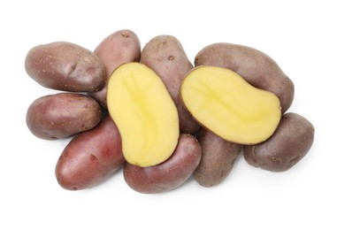 Photo of Whole and cut fresh red potatoes isolated on white, top view