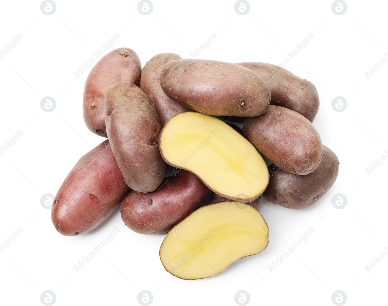Photo of Whole and cut fresh red potatoes isolated on white, top view
