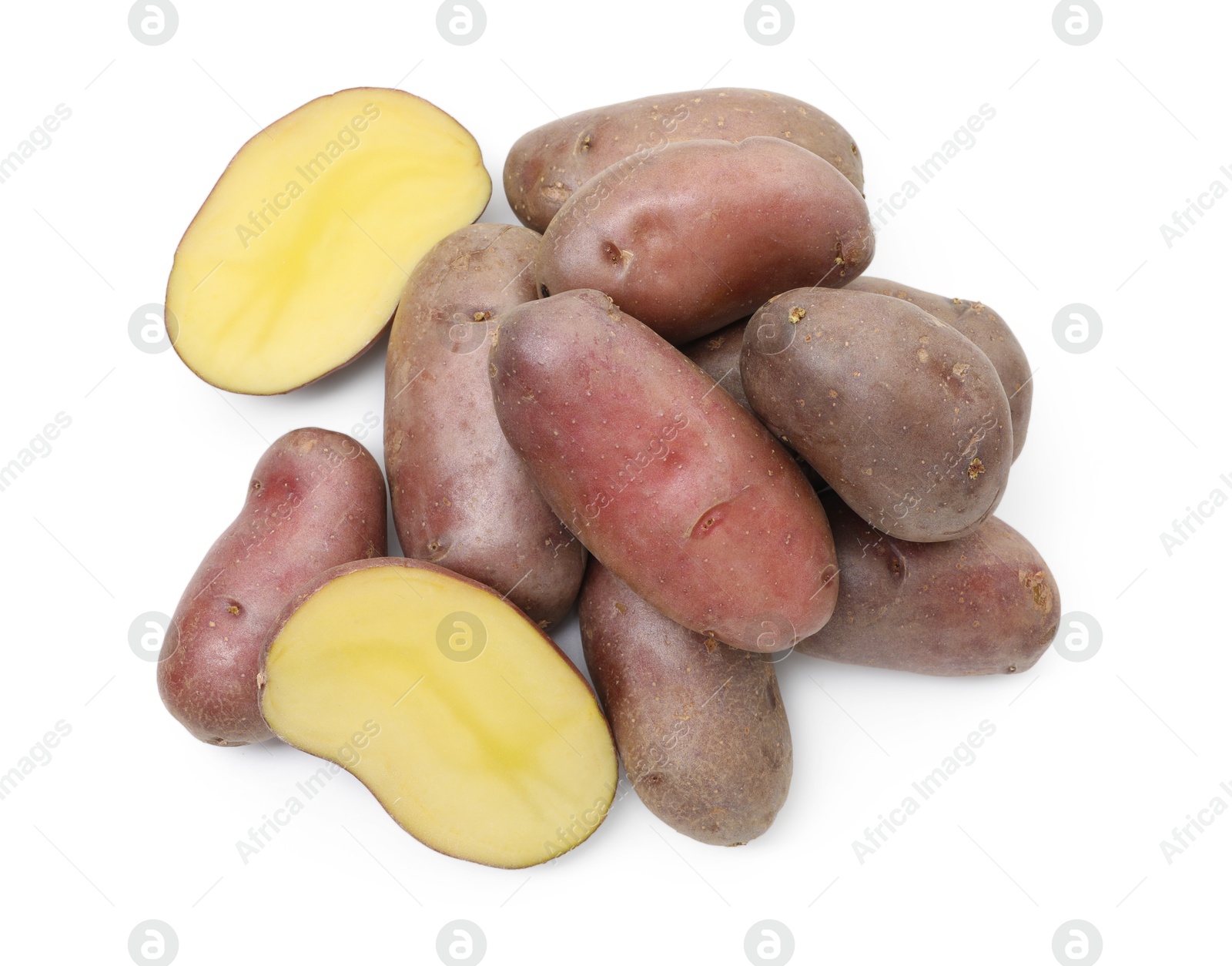 Photo of Whole and cut fresh red potatoes isolated on white, top view