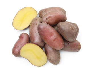 Photo of Whole and cut fresh red potatoes isolated on white, top view
