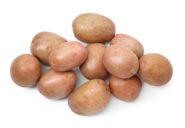 Photo of Fresh ripe potatoes isolated on white, top view