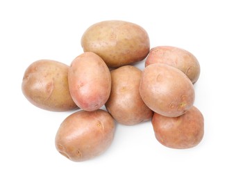 Photo of Fresh ripe potatoes isolated on white, top view