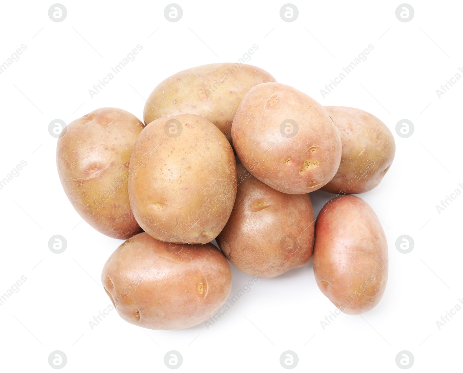 Photo of Fresh ripe potatoes isolated on white, top view