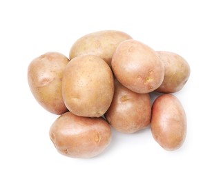 Photo of Fresh ripe potatoes isolated on white, top view