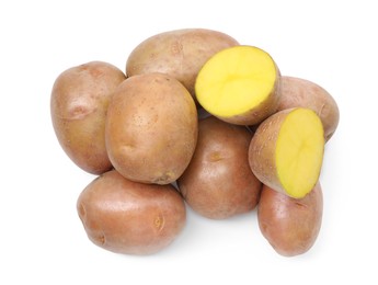 Photo of Whole and cut fresh potatoes isolated on white, top view