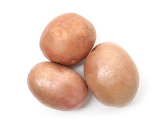 Photo of Fresh ripe potatoes isolated on white, top view