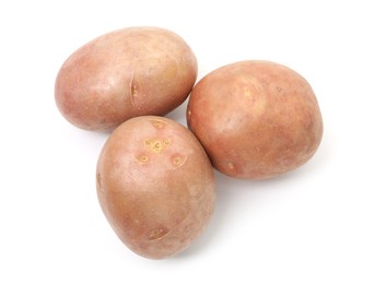 Photo of Fresh ripe potatoes isolated on white, top view