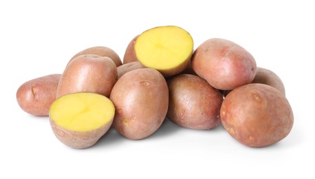 Photo of Whole and cut fresh potatoes isolated on white