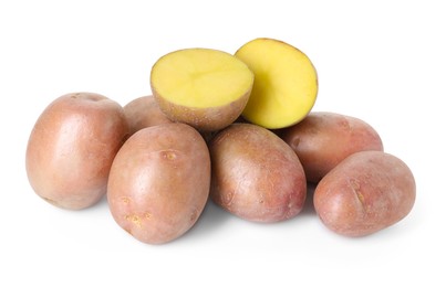 Photo of Whole and cut fresh potatoes isolated on white
