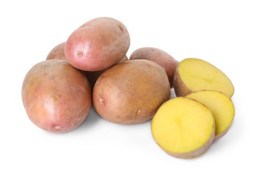 Photo of Whole and cut fresh potatoes isolated on white