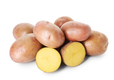 Photo of Whole and cut fresh potatoes isolated on white