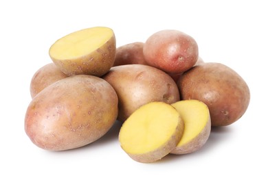 Photo of Whole and cut fresh potatoes isolated on white