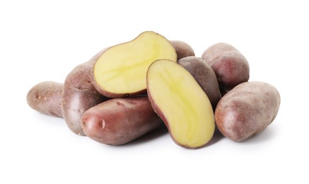 Photo of Whole and cut fresh potatoes isolated on white
