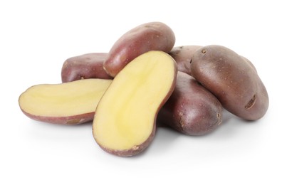 Photo of Whole and cut fresh potatoes isolated on white