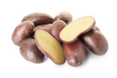 Photo of Whole and cut fresh potatoes isolated on white
