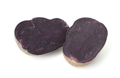 Photo of Cut fresh ripe purple potato isolated on white