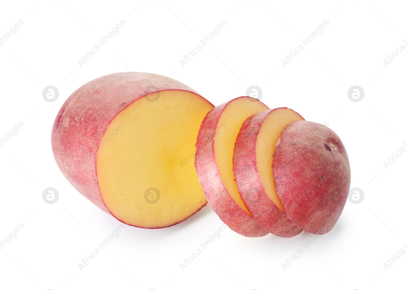 Cut fresh ripe red potato isolated on white Photo of Cut fresh ripe red potato isolated on white