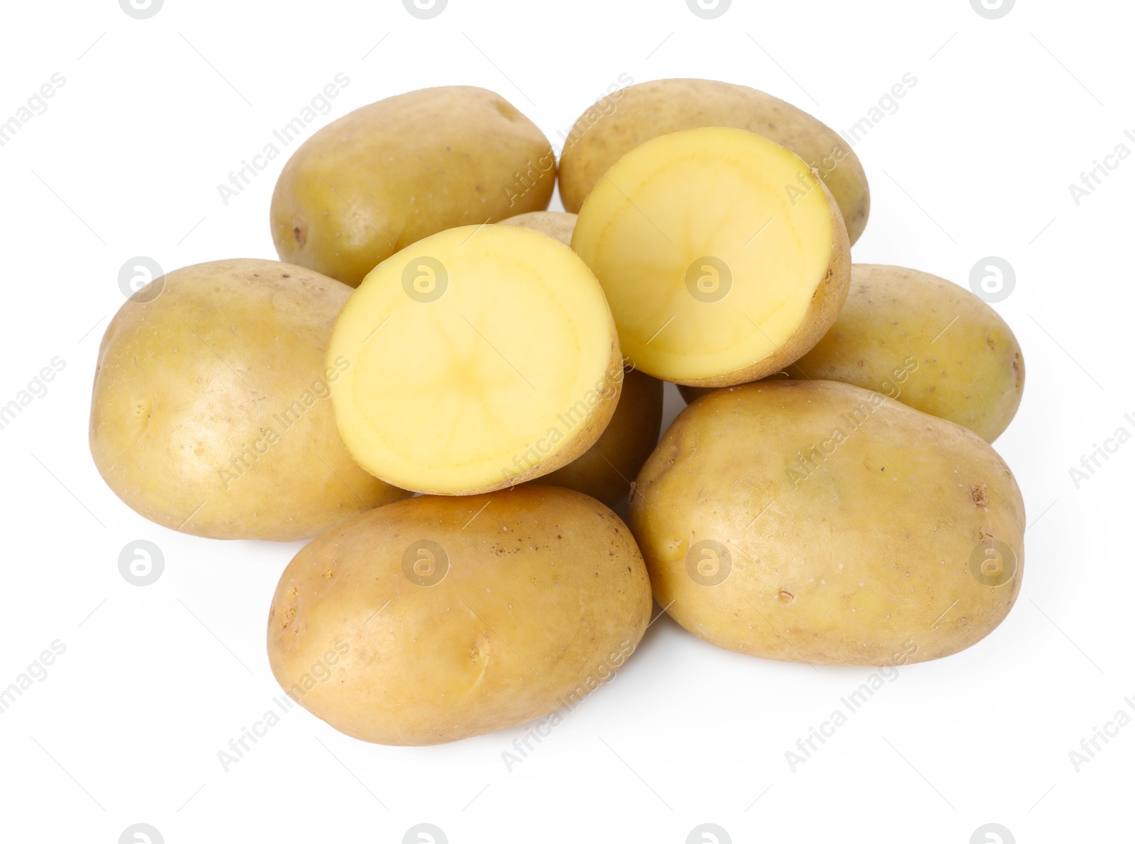 Photo of Many fresh ripe potatoes isolated on white