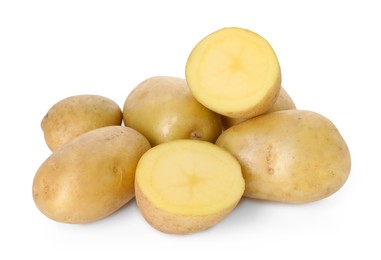 Photo of Many fresh ripe potatoes isolated on white