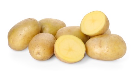 Photo of Many fresh ripe potatoes isolated on white