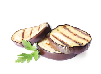 Photo of Grilled slices of eggplant with parsley isolated on white