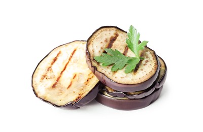 Photo of Grilled slices of eggplant with parsley isolated on white