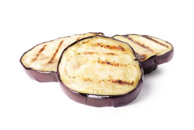 Photo of Grilled slices of eggplant isolated on white
