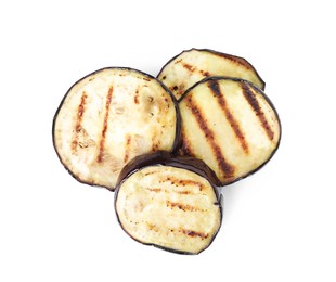Photo of Grilled slices of eggplant isolated on white, top view