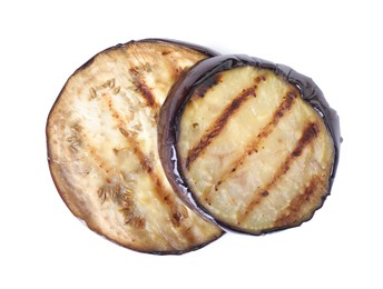 Photo of Grilled slices of eggplant isolated on white, top view