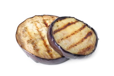 Photo of Grilled slices of eggplant isolated on white
