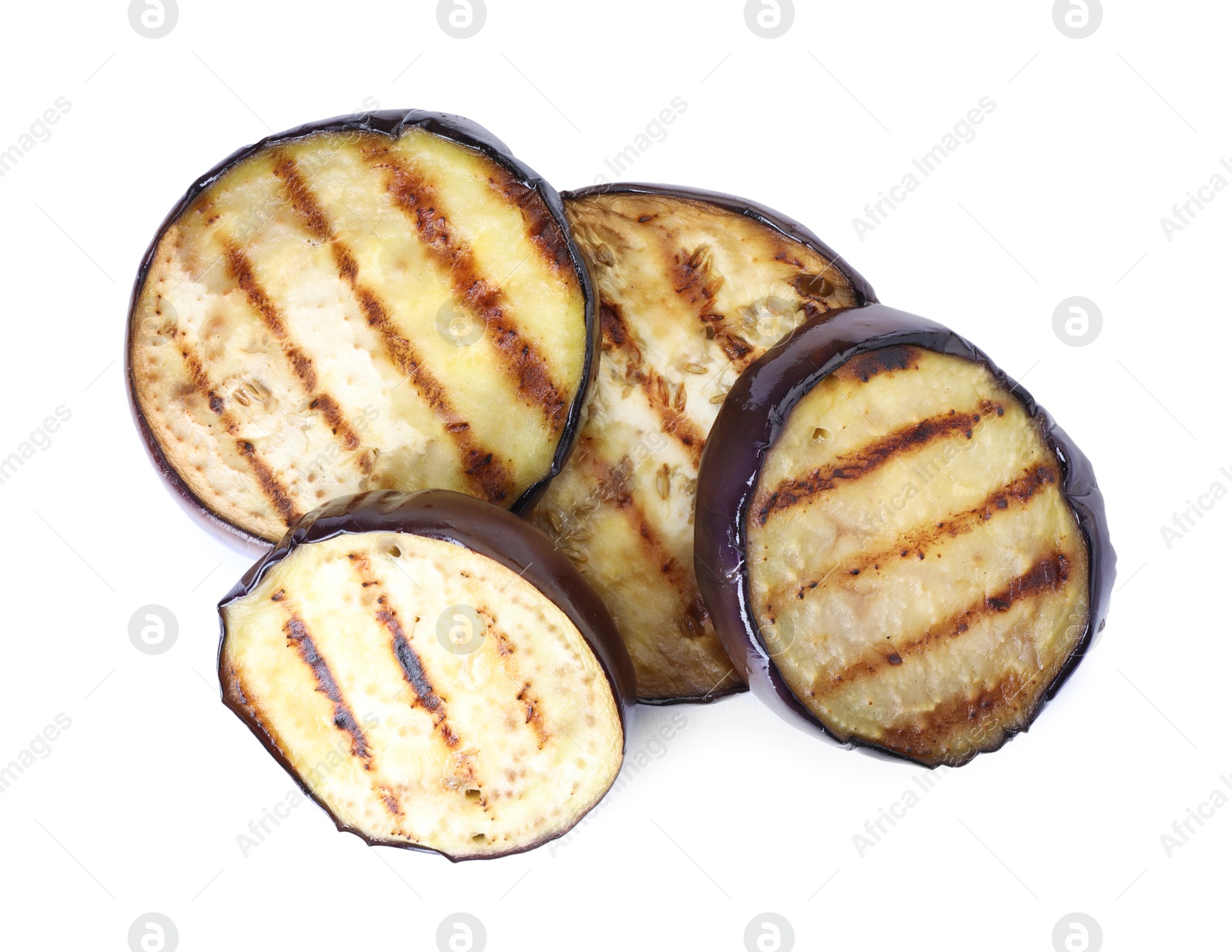 Photo of Grilled slices of eggplant isolated on white, top view