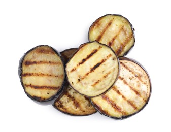 Photo of Grilled slices of eggplant isolated on white, top view