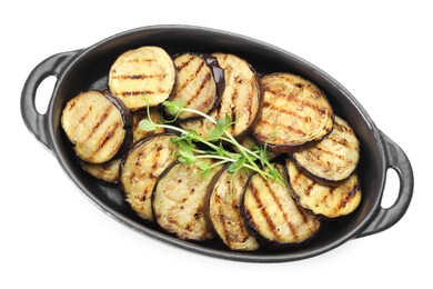 Photo of Grilled slices of eggplant with microgreens isolated on white, top view