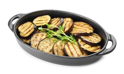 Photo of Grilled slices of eggplant with microgreens isolated on white