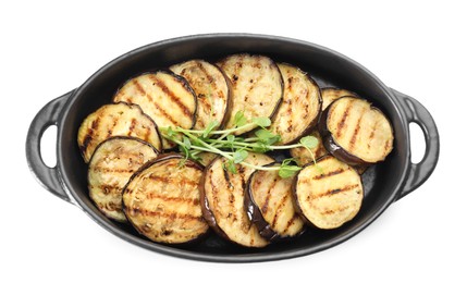 Photo of Grilled slices of eggplant with microgreens isolated on white, top view