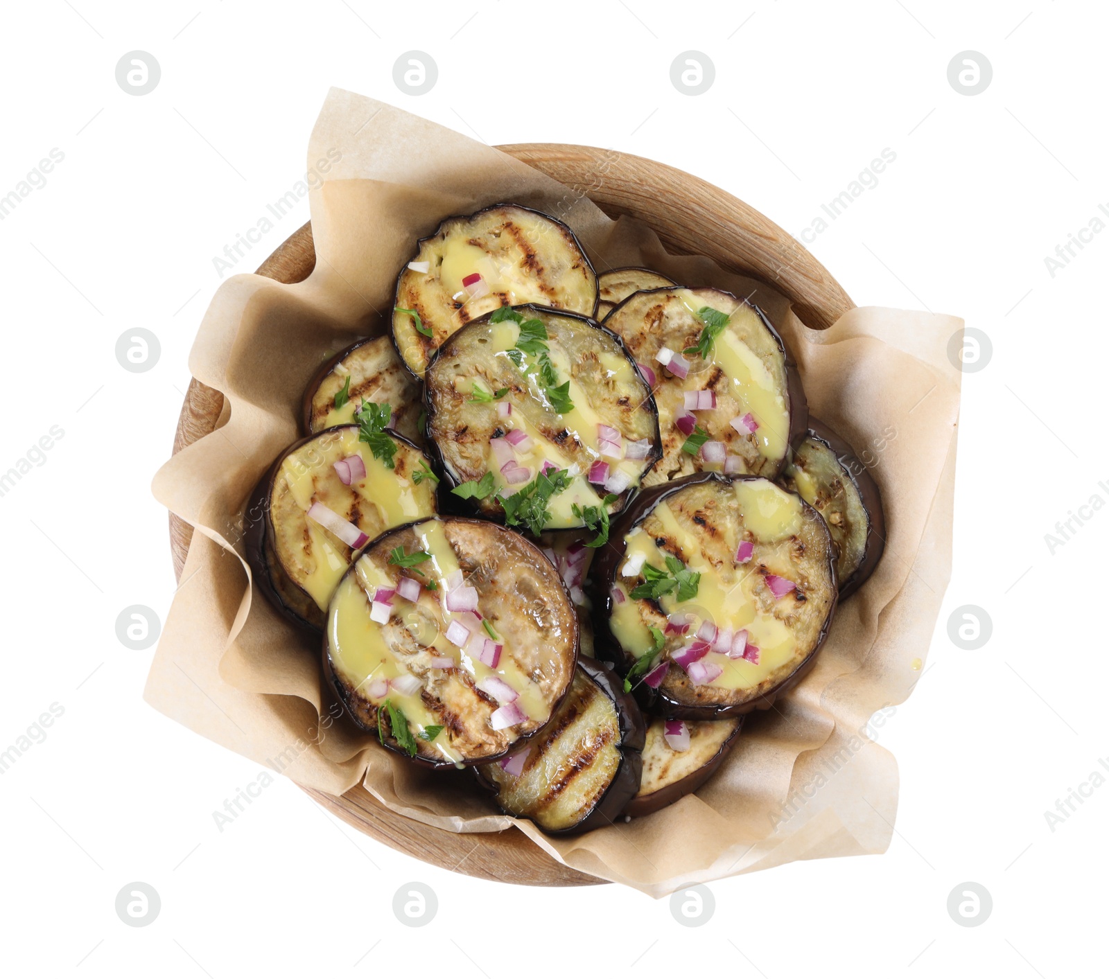 Photo of Grilled slices of eggplant with sauce, parsley and onion isolated on white, top view