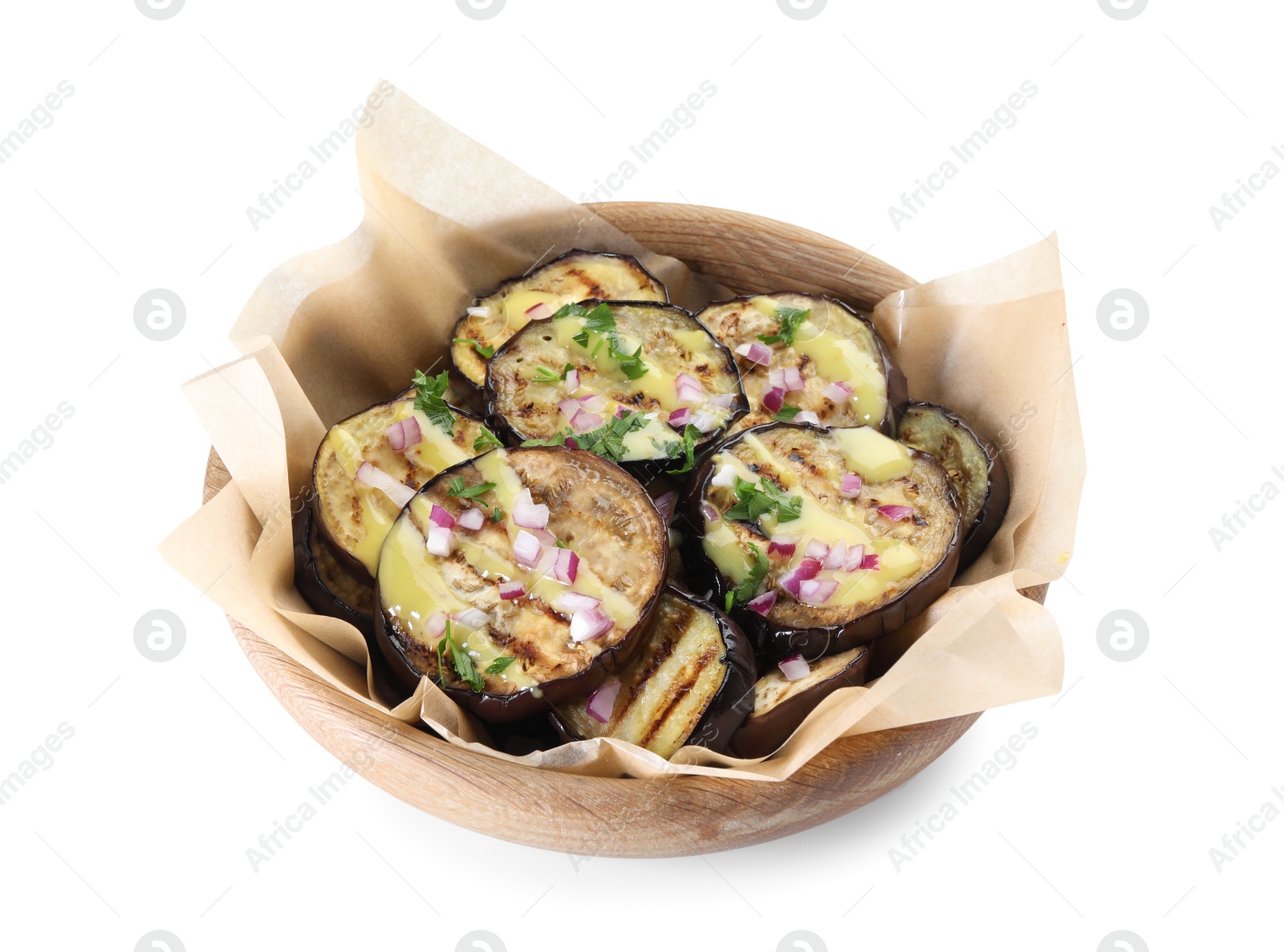 Photo of Grilled slices of eggplant with sauce, parsley and onion isolated on white
