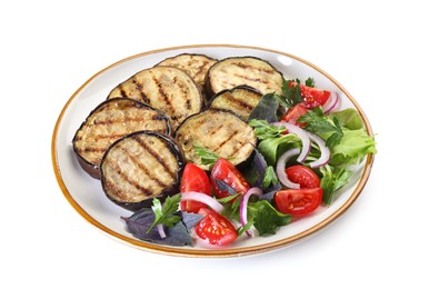 Photo of Grilled slices of eggplant with salad isolated on white